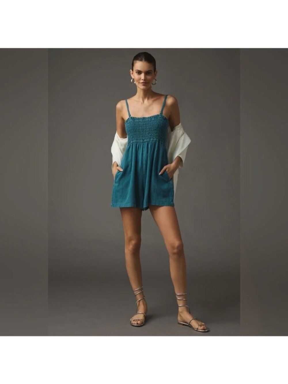 Pilcro Anthropologie Smocked Teal Sleeveless Romper With Adjustable Straps And P